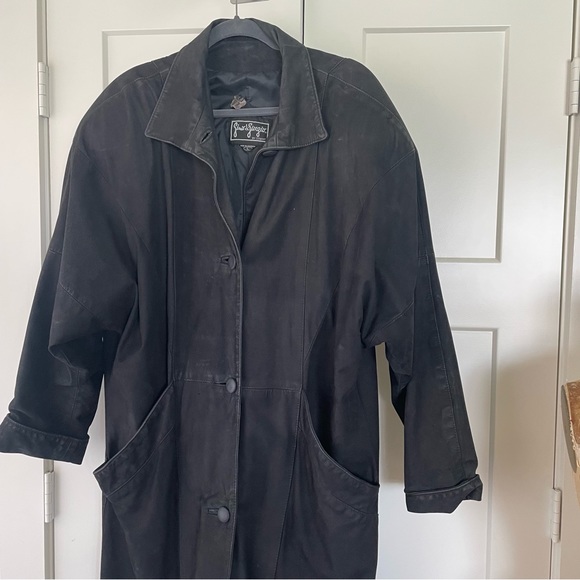 Vintage 80s Gino di Giorgio Black Leather Button Up Trench Coat Size L - Picture 2 of 16